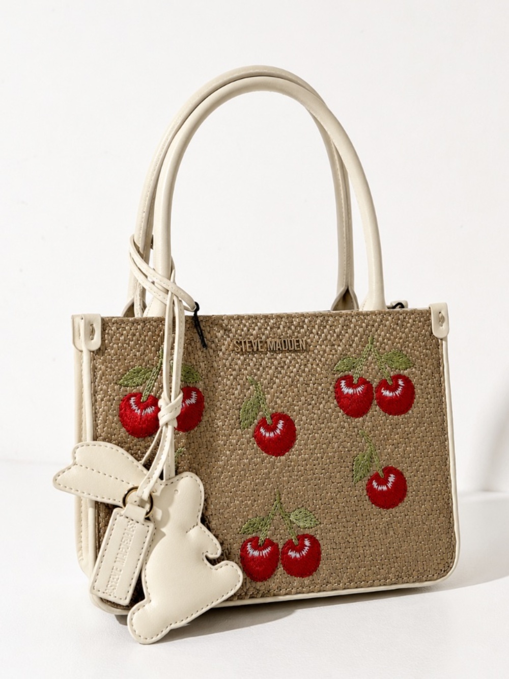 NWT Steve Madden Embroidered Cherry Straw Mini Tote Crossbody Bag Bunny Charm